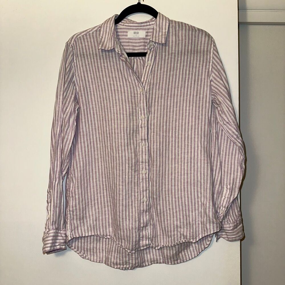 Uniqlo Women’s Medium 100% Linen Button Down Collared Blouse Purple White Stripe